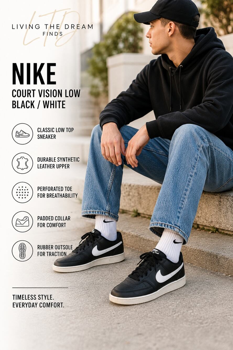 Nike Court Vision Low Black White Men’s Size 9.5 Leather Sneakers DH2987 001